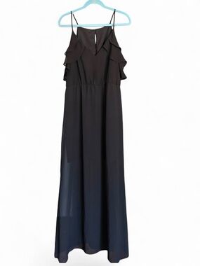 BCBG Black Chiffon Ruffle Maxi Dress Spaghetti Strap Formal Party Whimsigoth  L